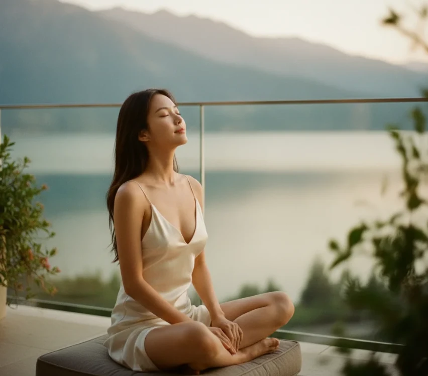 휴양지 리조트에서 편안하게 심호흡을 하는 한국 여성의 모습