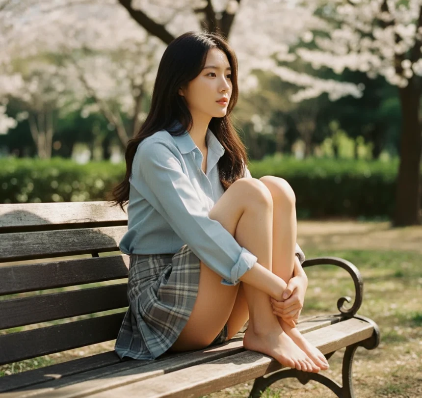 따뜻한 햇살 아래에서도 몸을 웅크린 한국 여성의 모습