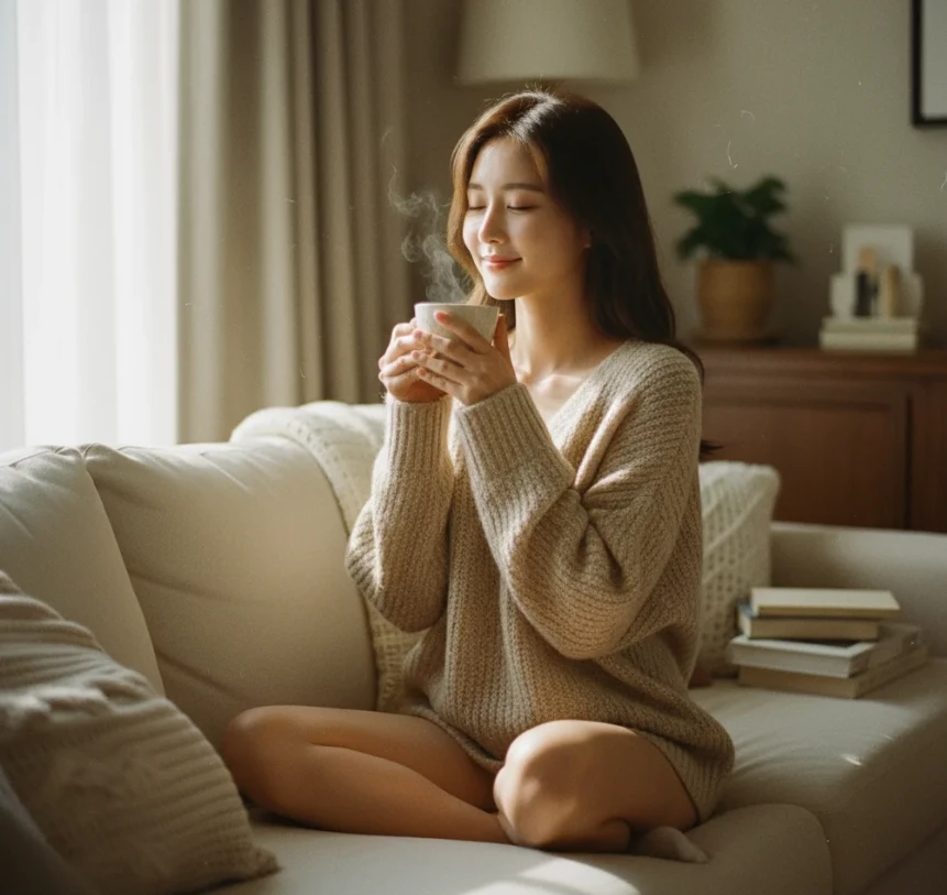 따뜻한 차와 함께 독서하며 휴식하는 한국 여성의 모습