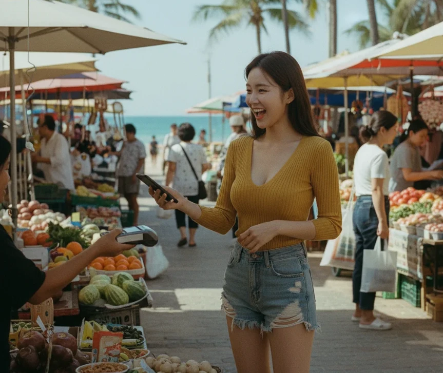 바닷가 근처 쇼핑몰에서 스마트폰 앱으로 결제하는 아름다운 한국 여성