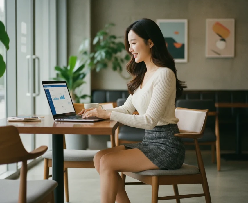 카페에서 노트북으로 환급받은 계좌를 확인하며 미소 짓는 한국 여성