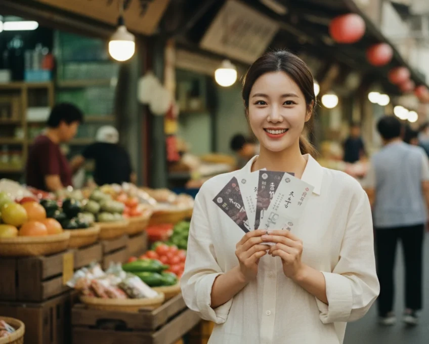  다양한 상품권과 함께 행복하게 웃고 있는 한국 여성