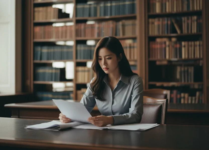 도서관에서 서류를 보며 캐시백 정책을 이해하는 진지한 표정의 한국 여성