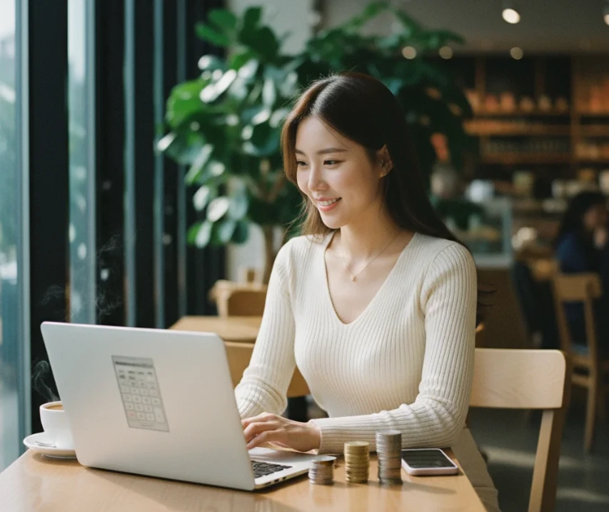 카페에서 노트북으로 상생페이백 캐시백을 계산하며 미소 짓는 한국 여성