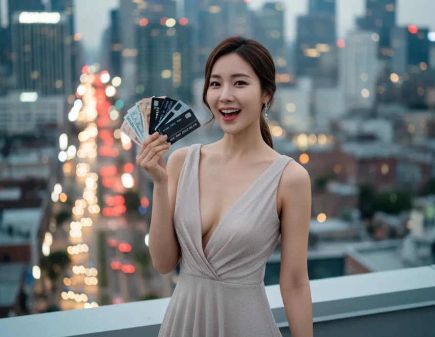도시 옥상에서 여러 장의 카드와 지폐를 들고 미소 짓는 한국 여성