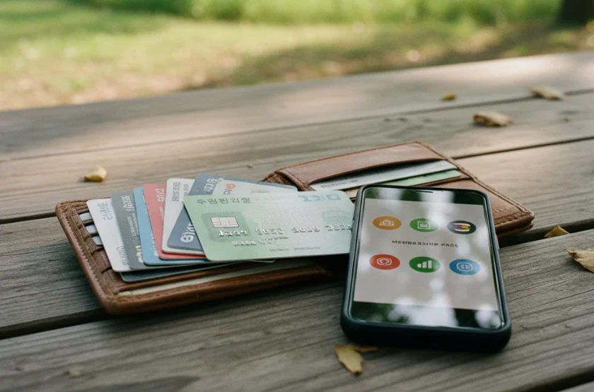 다양한 할인 카드와 신분증이 들어있는 지갑