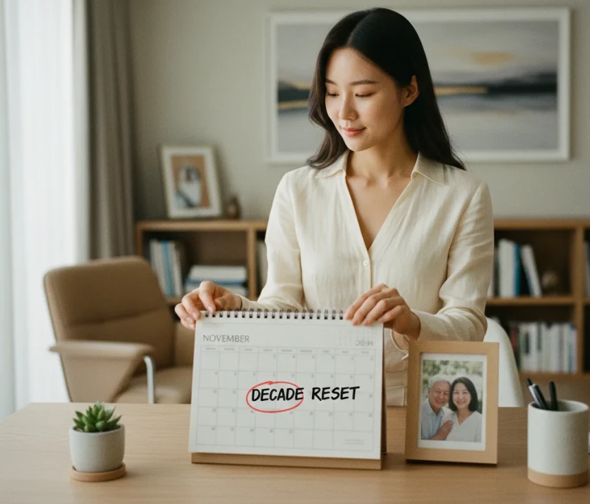 10년의 시간을 상징하는 달력과 그 옆에 놓인 가족사진, 재산 증여를 계획하는 의미.