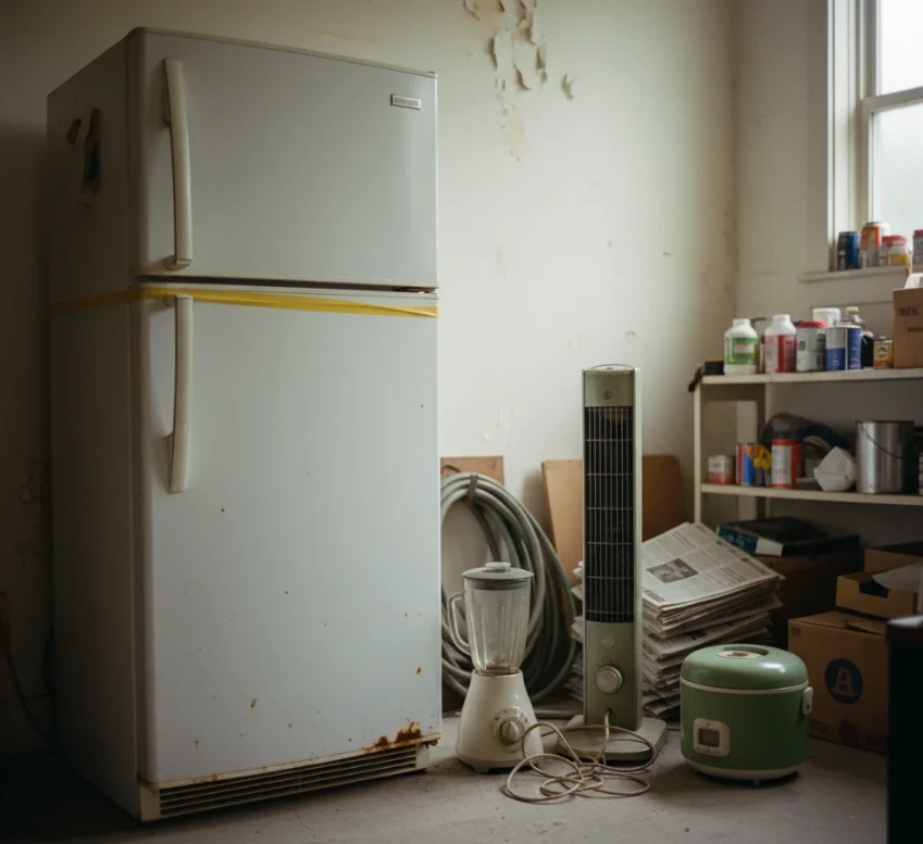 구형 냉장고와 그 옆에 모아둔 소형 가전(선풍기, 밥솥)을 보여주며 수거 품목을 안내.