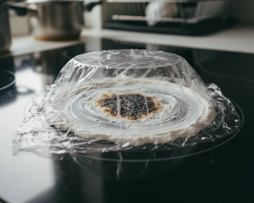 딱딱하게 눌어붙은 오염물 위에 베이킹소다와 랩을 씌워 불리는 전기레인지 청소의 핵심 단계.