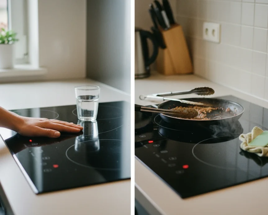 하이라이트의 빨간 잔열 표시등(H)이 켜진 상판과 잔열이 없는 인덕션 상판의 대조적인 모습.
