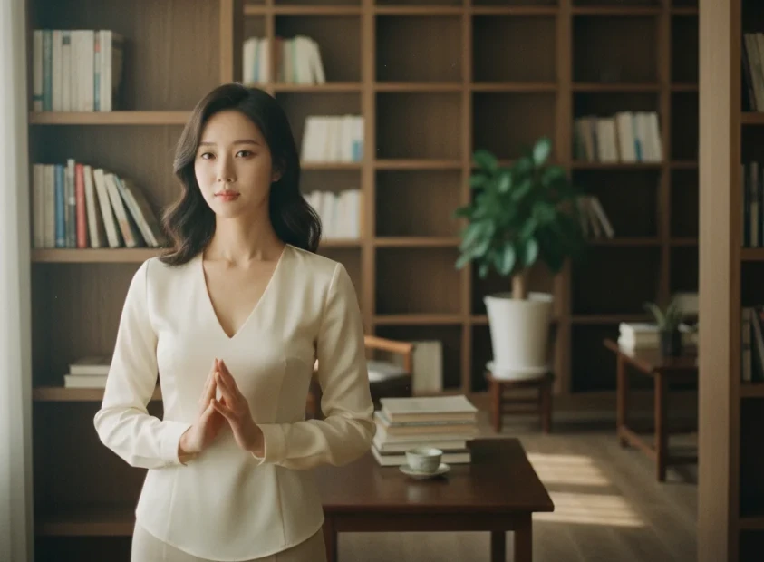 부모님께 공손하게 존경을 표하는 한국 여성