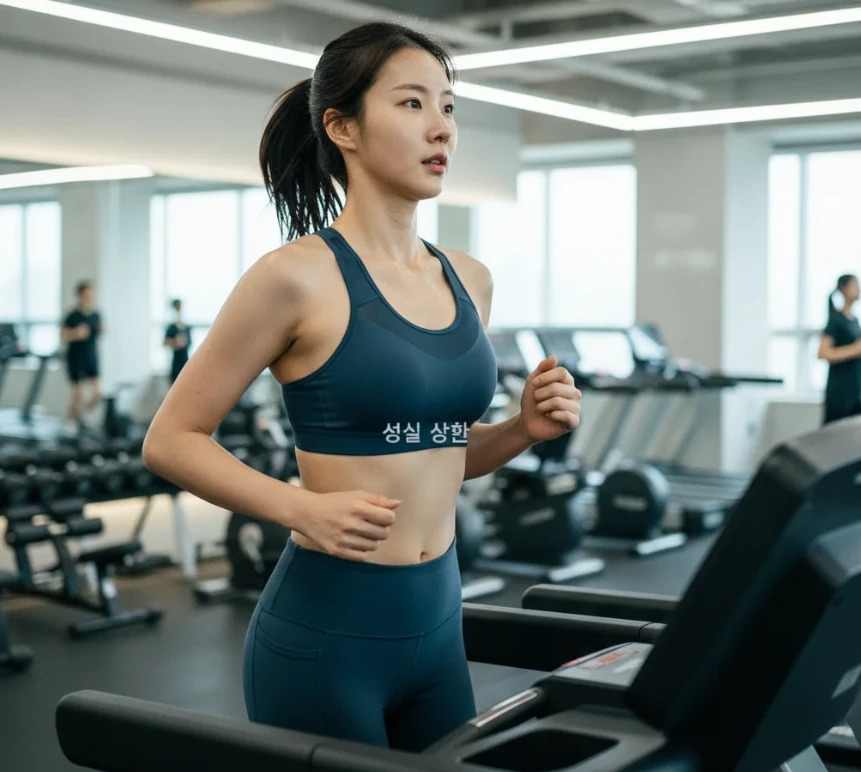 성실 상환자 특별 채무 조정 및 저리 대출 연계 지원을 상징하며 열심히 운동하는 20대 한국 여성