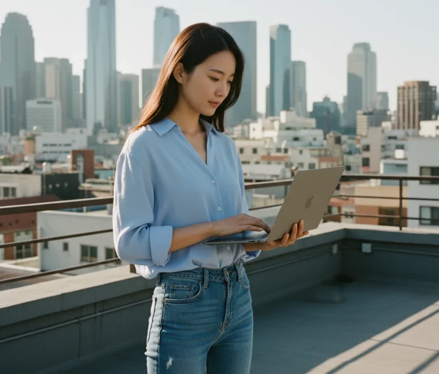 도심 옥상에서 노트북을 보며 웃는 20대 한국 여성 사업자