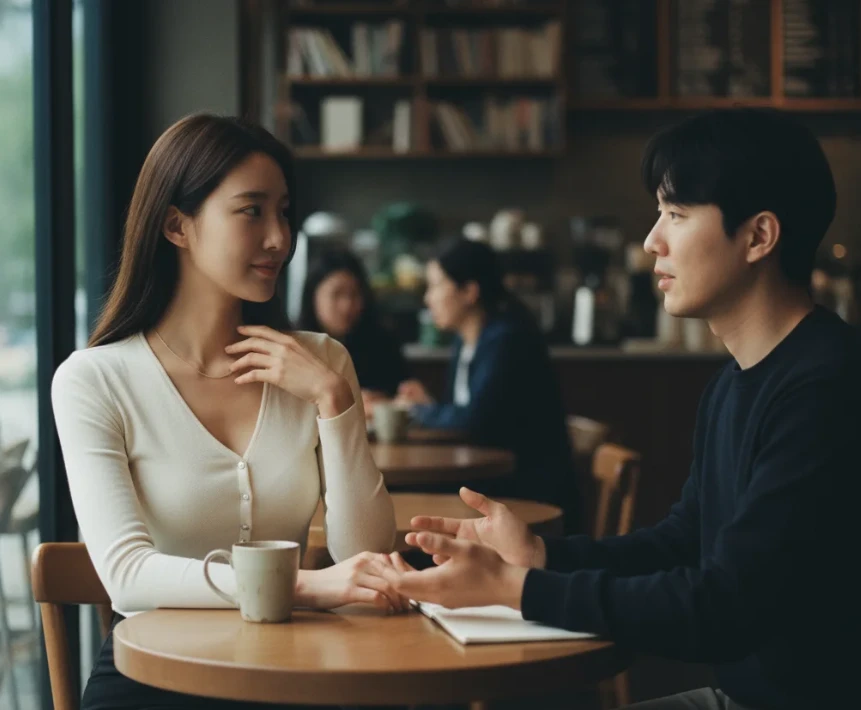 카페에서 대화하며 무의식적으로 머리를 만지거나 손을 움직이는 한국 여성의 모습