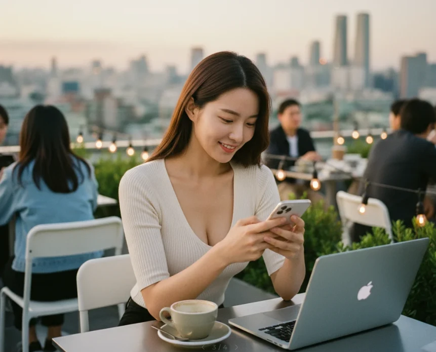 도심 옥상 카페에서 핸드폰을 보며 미소 짓는 20대 한국 여성의 모습