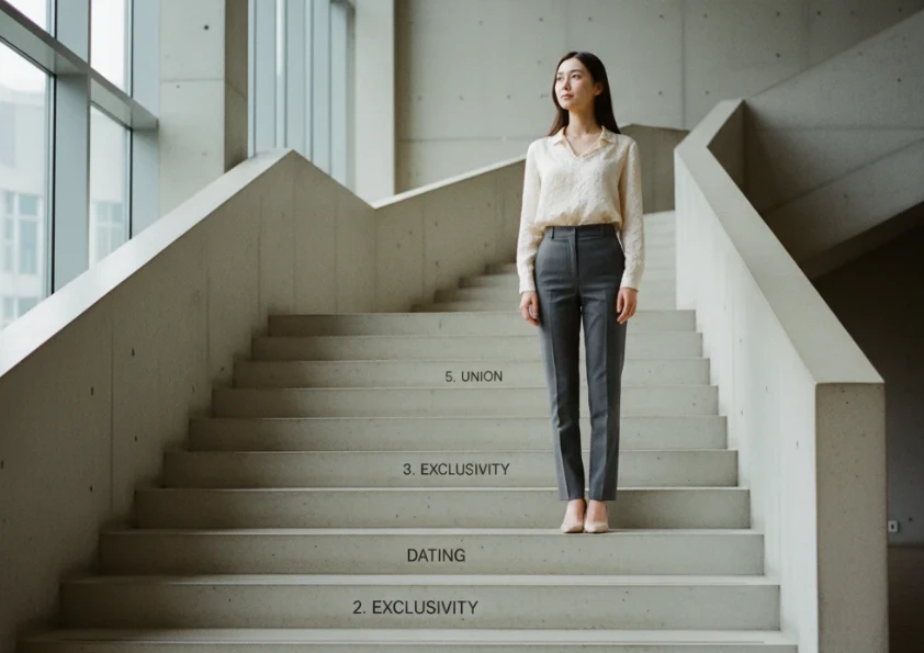 미니멀한 계단을 오르며 관계의 단계를 상징하는 한국 여성의 뒷모습