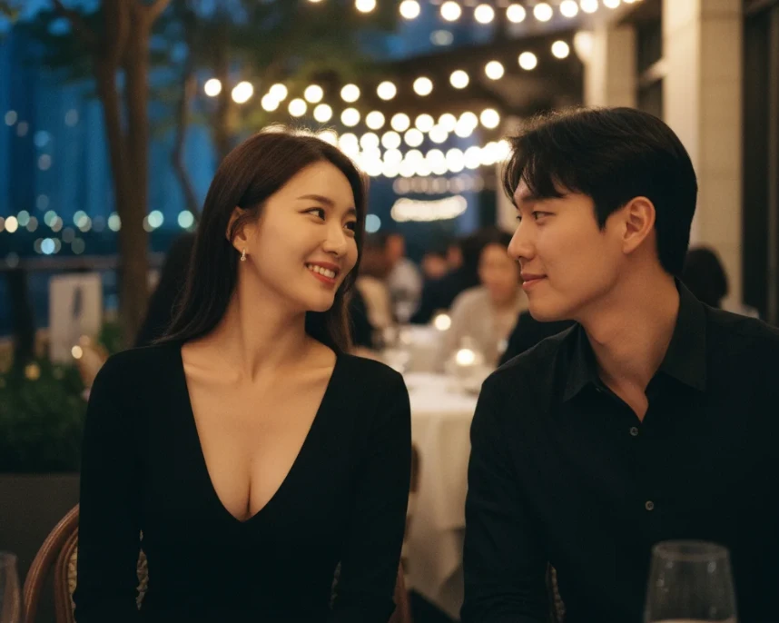 분위기 좋은 야외 식당에서 남자의 말에 기분 좋게 웃는 20대 한국 여성