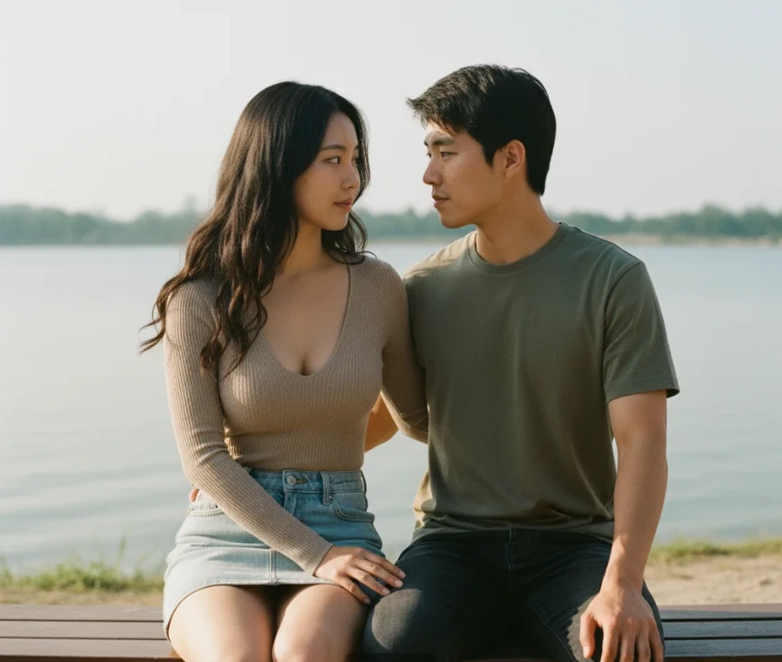 호수 옆 벤치에 앉아 주의 깊게 상대방의 말에 귀 기울이는 한국 남성