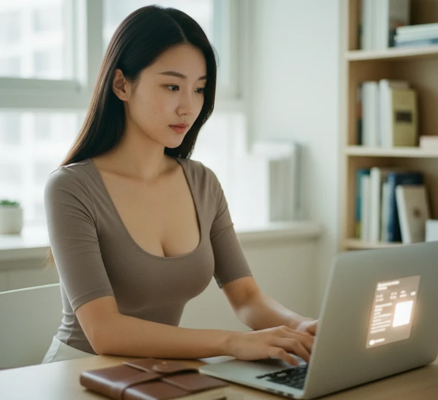 책상 앞에서 노트북과 핸드폰으로 카톡을 하며 개인 일정을 공유하는 20대 한국 여성