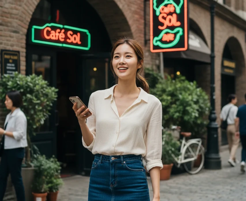 레스토랑 포스터 앞에서 핸드폰으로 만남을 적극적으로 제안하는 20대 한국 여성