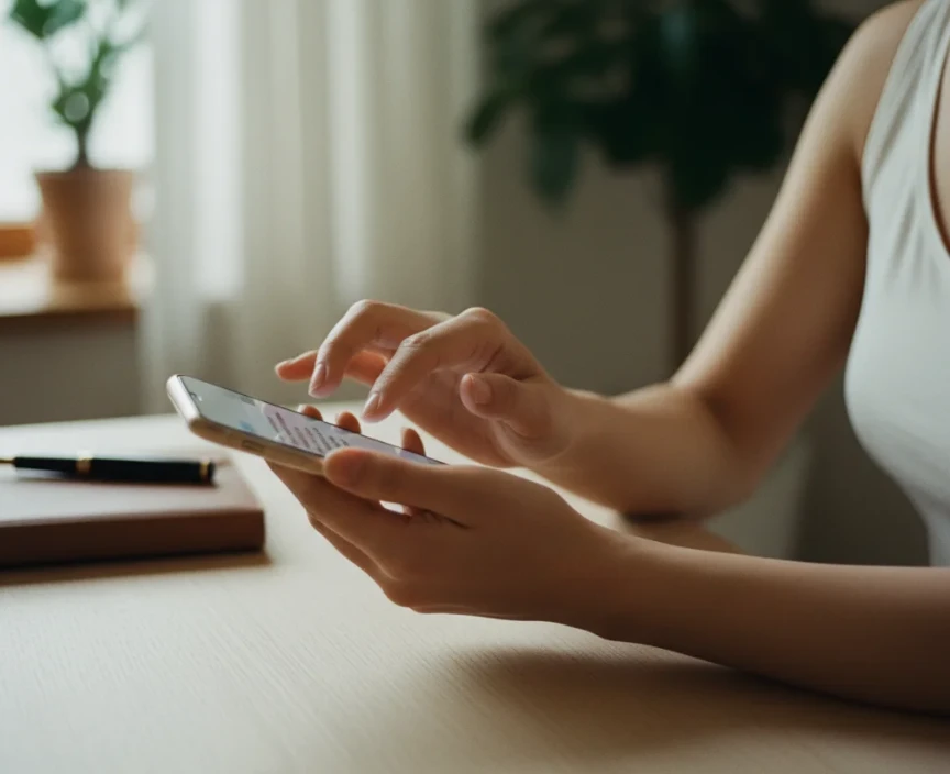 핸드폰을 들고 긴 메시지를 정성껏 작성하는 한국 여성의 손 클로즈업