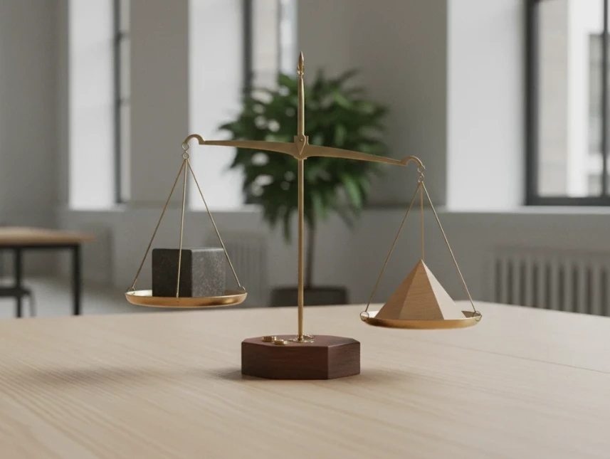 균형이 기울어진 저울 위에 놓인 두 개의 물체로 관계의 불확실성을 상징하는 사진