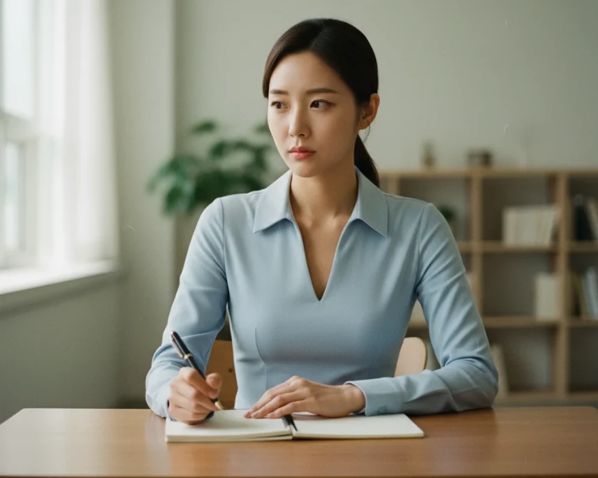 깔끔한 책상 앞에서 펜을 들고 침착하게 다음 행동을 결정하는 20대 한국 여성