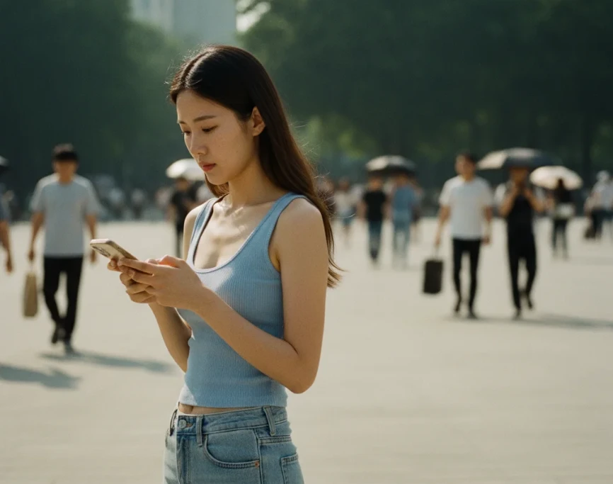 넓은 야외 공간에서 누군가를 기다리지만, 주변에 여러 사람들이 지나가는 모습