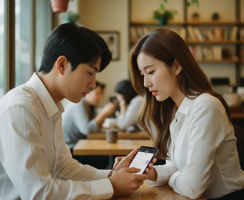 20대 한국 남성과 여성이 다음 만남 일정을 확인하듯 시계를 바라보는 모습