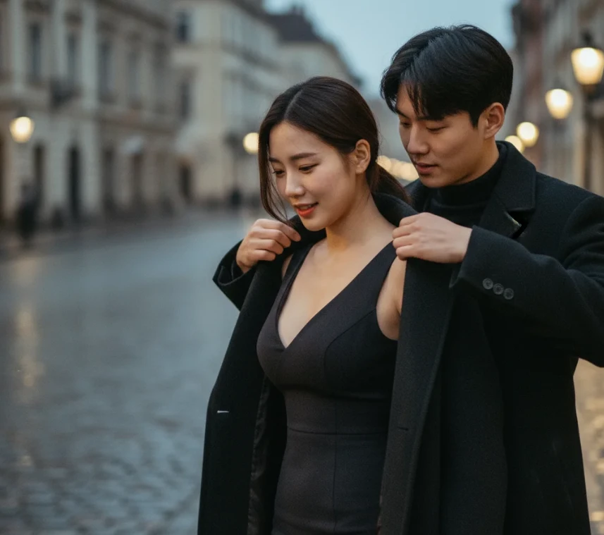 한국 남성이 외투를 벗어줄 때 미묘한 이성적 긴장감을 보이는 20대 한국 여성