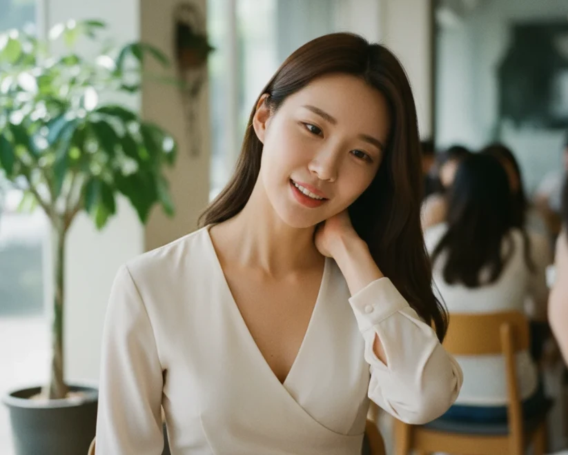 대화 중 무의식적으로 머리를 만지거나 몸을 앞으로 기울이는 20대 한국 여성