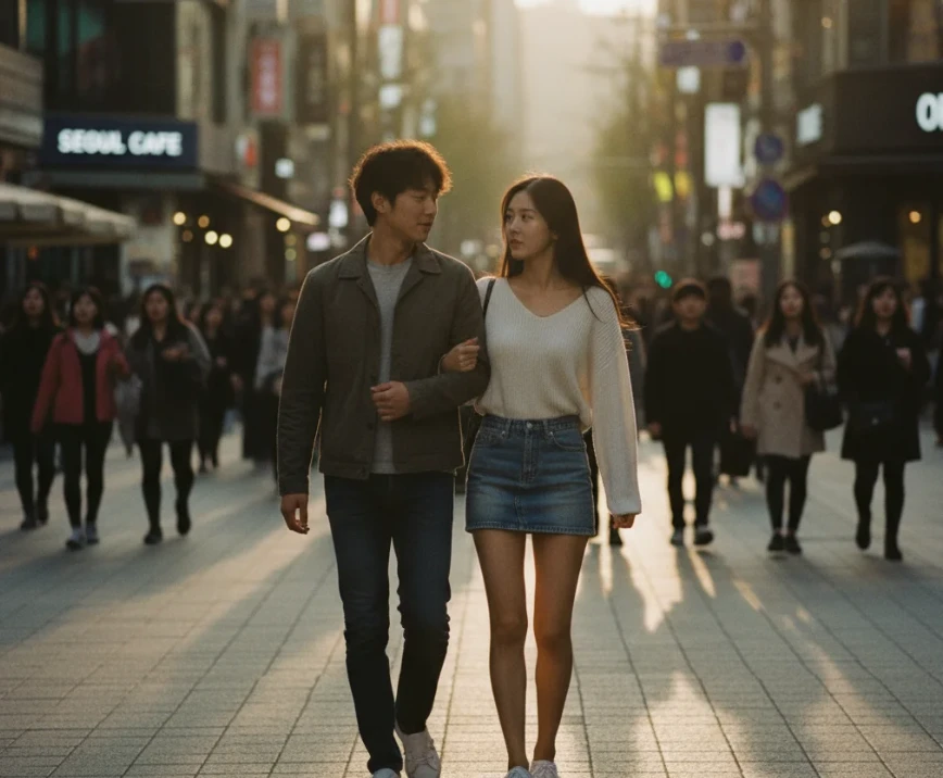 해 질 녘 도심 거리에서 하루 종일 데이트를 이어가듯 함께 걷는 20대 한국 남녀