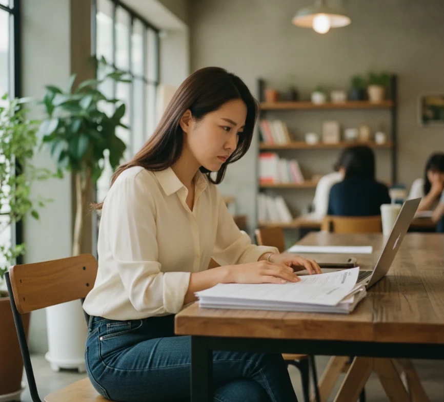 카페에서 새출발기금 신청 자격 서류를 꼼꼼하게 확인하는 한국 여성 카페에서 새출발기금 신청 자격 서류를 꼼꼼하게 확인하는 한국 여성