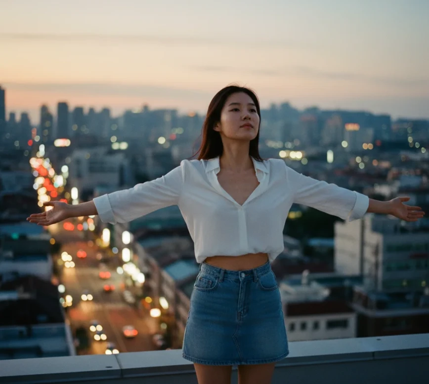 도시의 옥상에서 야경을 바라보며 자유와 희망을 느끼는 한국 여성 도시의 옥상에서 야경을 바라보며 자유와 희망을 느끼는 한국 여성