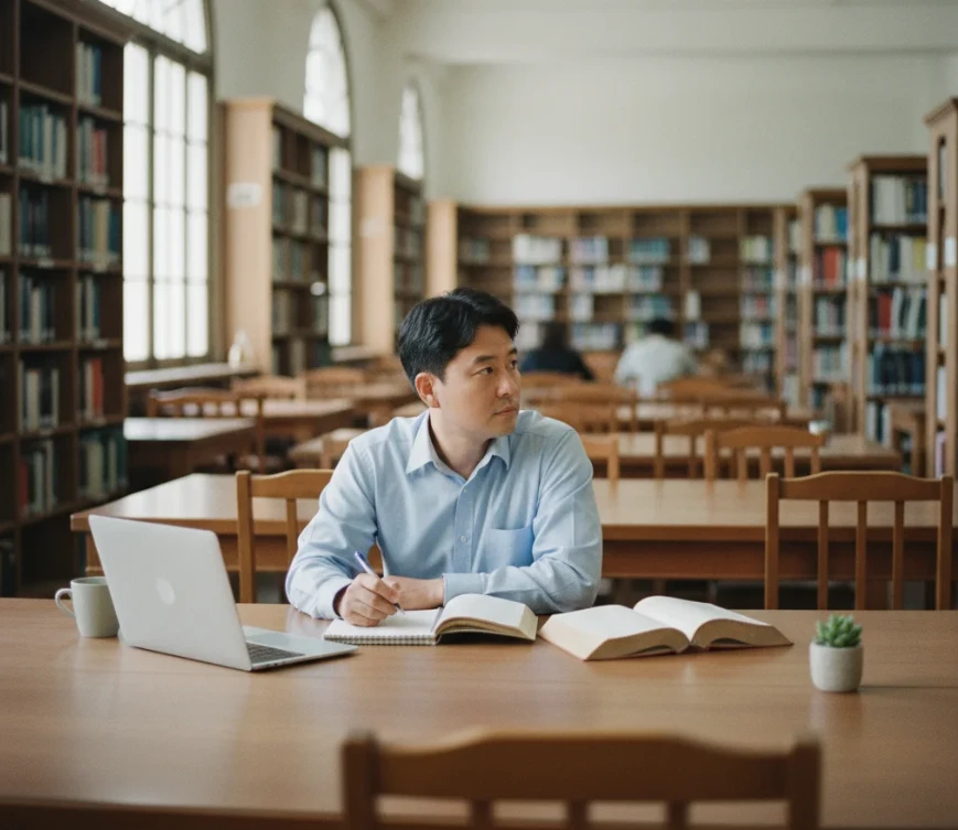 도서관 또는 조용한 사무실에서 취업/재창업 계획을 세우며 집중하는 한국 남성 도서관 또는 조용한 사무실에서 취업/재창업 계획을 세우며 집중하는 한국 남성