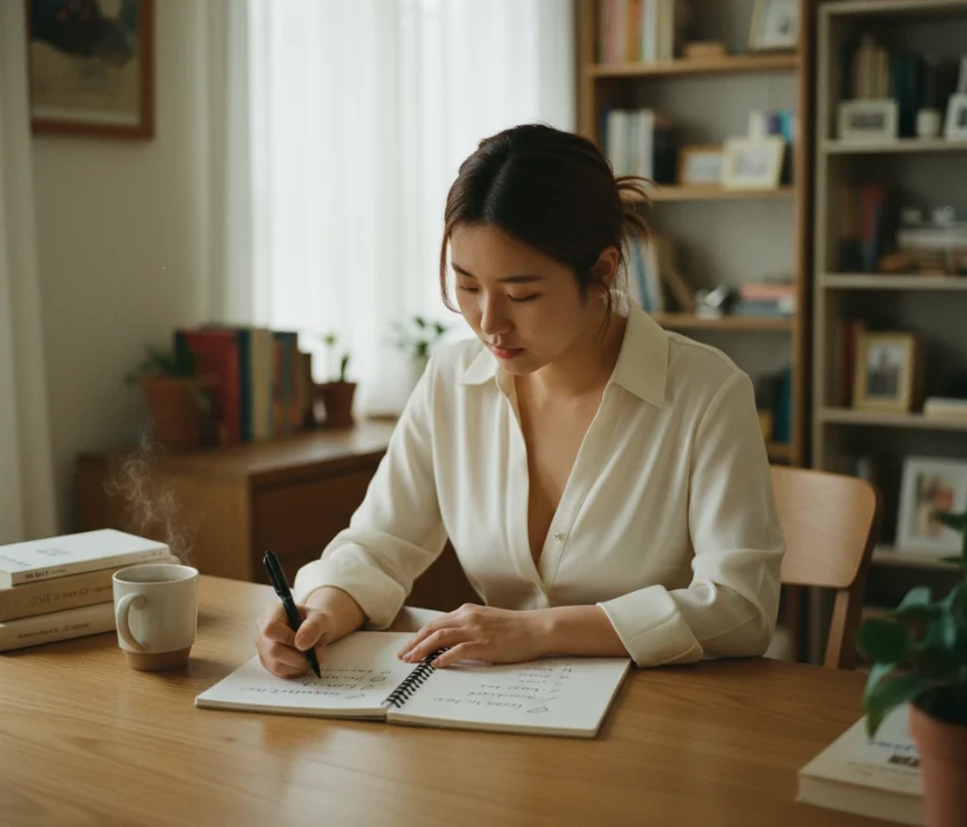 책상에서 신용 회복을 위한 3단계 행동 계획을 펜으로 작성하는 한국 여성