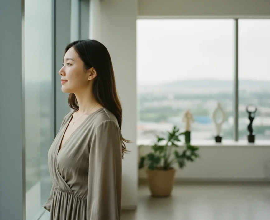 창문 밖의 밝은 햇빛을 바라보며 새로운 기회와 희망을 느끼는 한국 여성