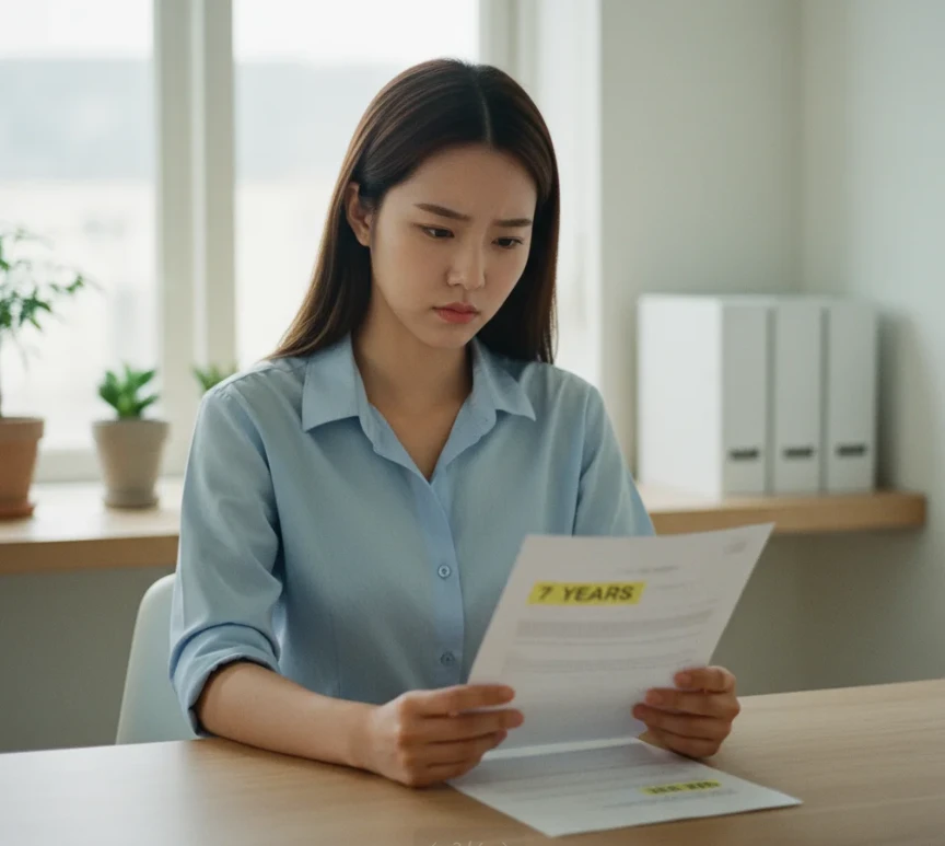 7년이라는 숫자가 강조된 서류를 돋보기로 확인하는 듯한 한국 여성