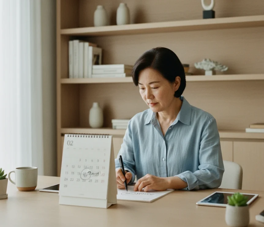 깔끔한 사무실 책상 위, 60대 초반의 한국 여성이 달력의 미래 날짜에 '임의계속가입'을 메모하는 모습. 깔끔한 사무실 책상 위, 60대 초반의 한국 여성이 달력의 미래 날짜에 '임의계속가입'을 메모하는 모습.