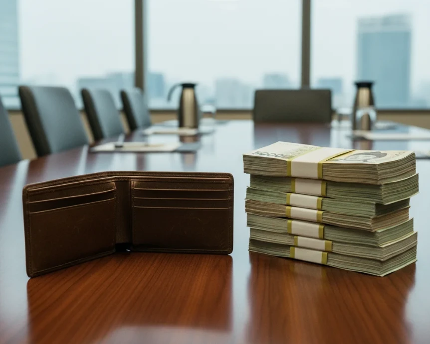 텅 빈 가죽 지갑 옆에 깔끔하게 쌓인 지폐 다발이 놓여있는 모습. 이 지폐 다발은 기업의 책임과 전액 보상을 상징한다.