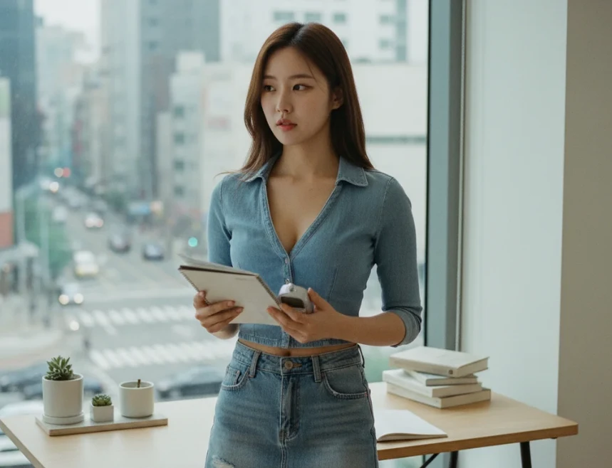 스톱워치와 학습 계획표를 들고 한국사능력검정시험 공부 시간을 계획하는 20대 초반의 한국 여성