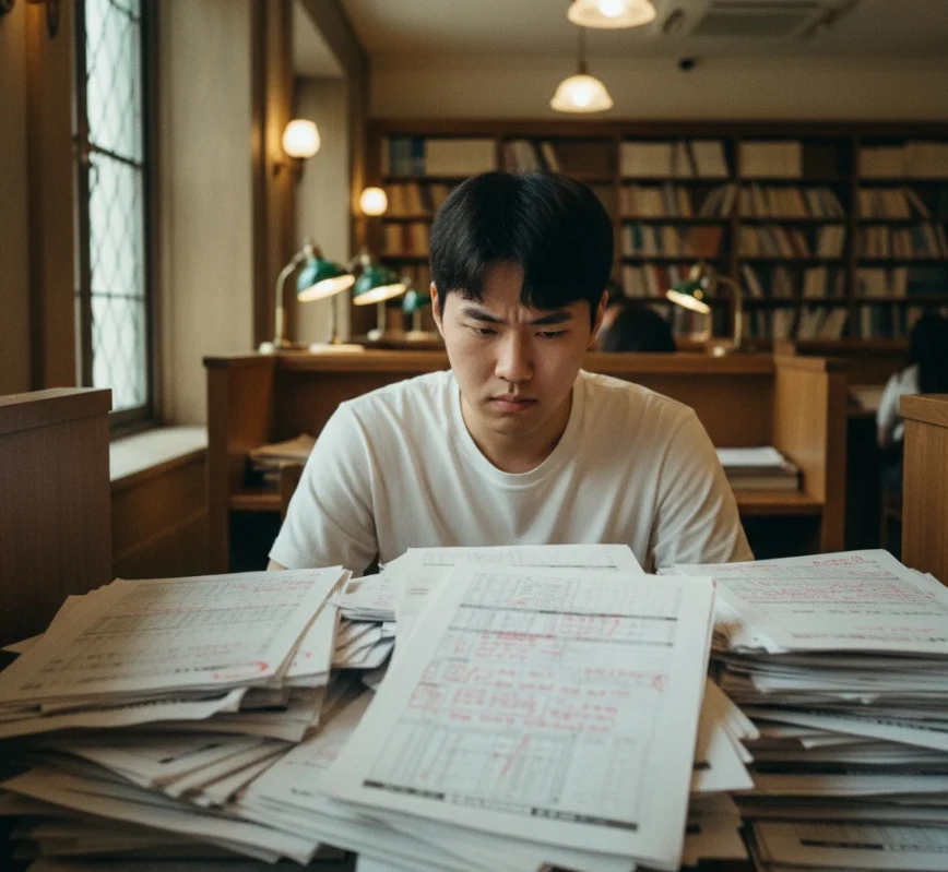 많은 양의 한국사능력검정시험 기출 문제집과 오답 노트를 분석하는 20대 초반의 한국 남성 수험생