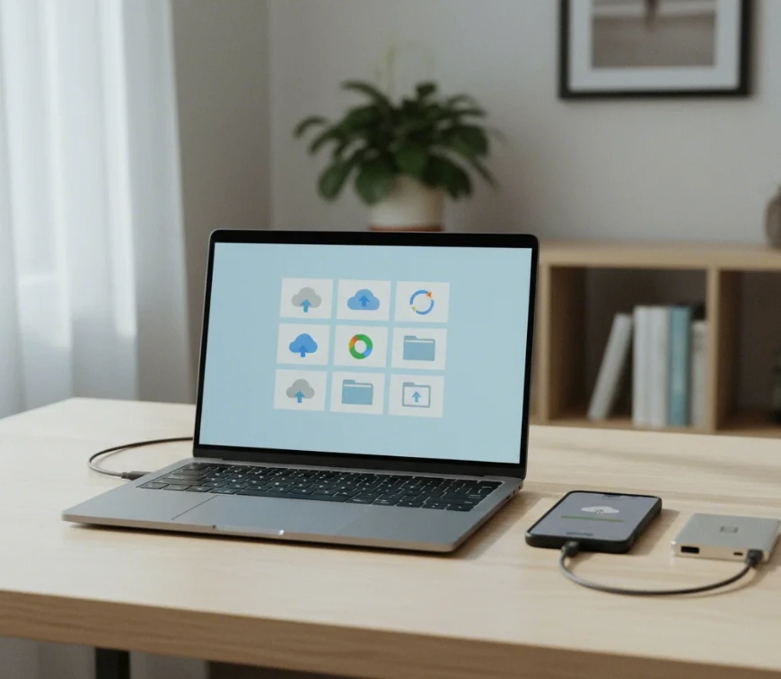 안드로이드 폰 초기화 전 데이터 백업의 중요성을 나타내는, 구글 드라이브나 클라우드 아이콘이 보이는 노트북 화면과 스마트폰