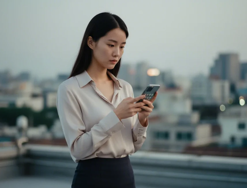 안드로이드 폰 초기화 전 구글 계정 로그아웃과 보안 설정을 확인하는 20대 초반의 한국 여성