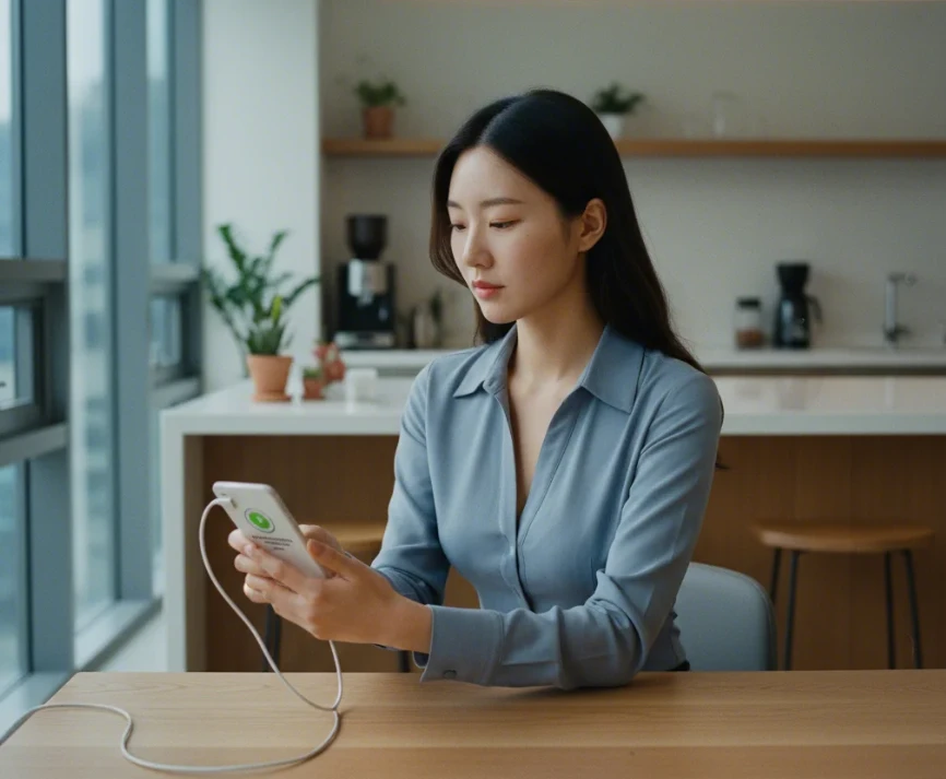 안드로이드 초기화 전 안전을 위해 충전기에 연결된 스마트폰을 확인하는 20대 초반의 한국 여성