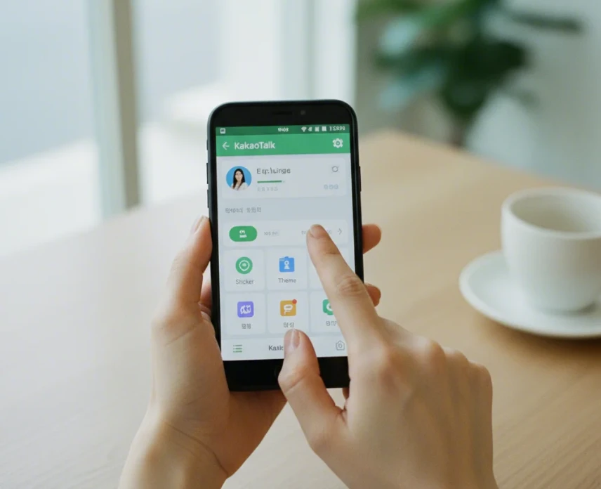 카카오톡 앱에서 대화 백업을 위해 설정(톱니바퀴) 메뉴를 누르는 손동작을 보여주는 아이폰 화면 카카오톡 앱에서 대화 백업을 위해 설정(톱니바퀴) 메뉴를 누르는 손동작을 보여주는 아이폰 화면