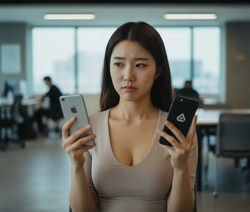 아이폰과 안드로이드 폰을 양손에 들고 OS 간 카카오톡 데이터 이동의 핵심 차이점을 확인하는 20대 초반의 한국 여성 아이폰과 안드로이드 폰을 양손에 들고 OS 간 카카오톡 데이터 이동의 핵심 차이점을 확인하는 20대 초반의 한국 여성