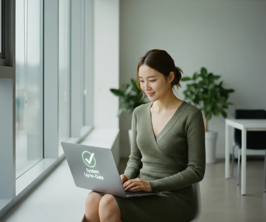 노트북을 사용하며 드라이버 업데이트 후 시스템이 안정화된 것에 만족하는 20대 한국 여성
