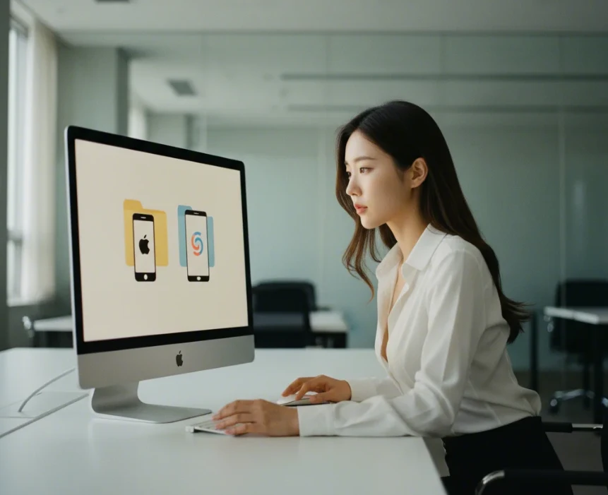 PC에 아이폰과 갤럭시를 연결하여 대용량 사진 파일을 수동으로 옮기는 20대 한국 여성