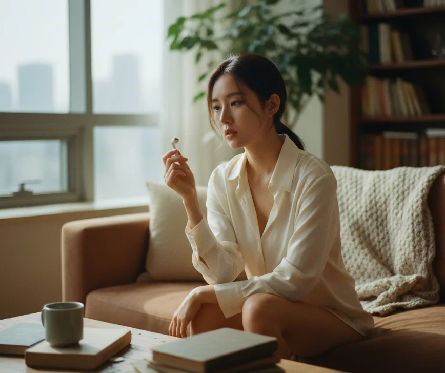 집 거실 소파에 앉아 해결되지 않은 이어폰 문제를 고민하는 한국 여성 집 거실 소파에 앉아 해결되지 않은 이어폰 문제를 고민하는 한국 여성
